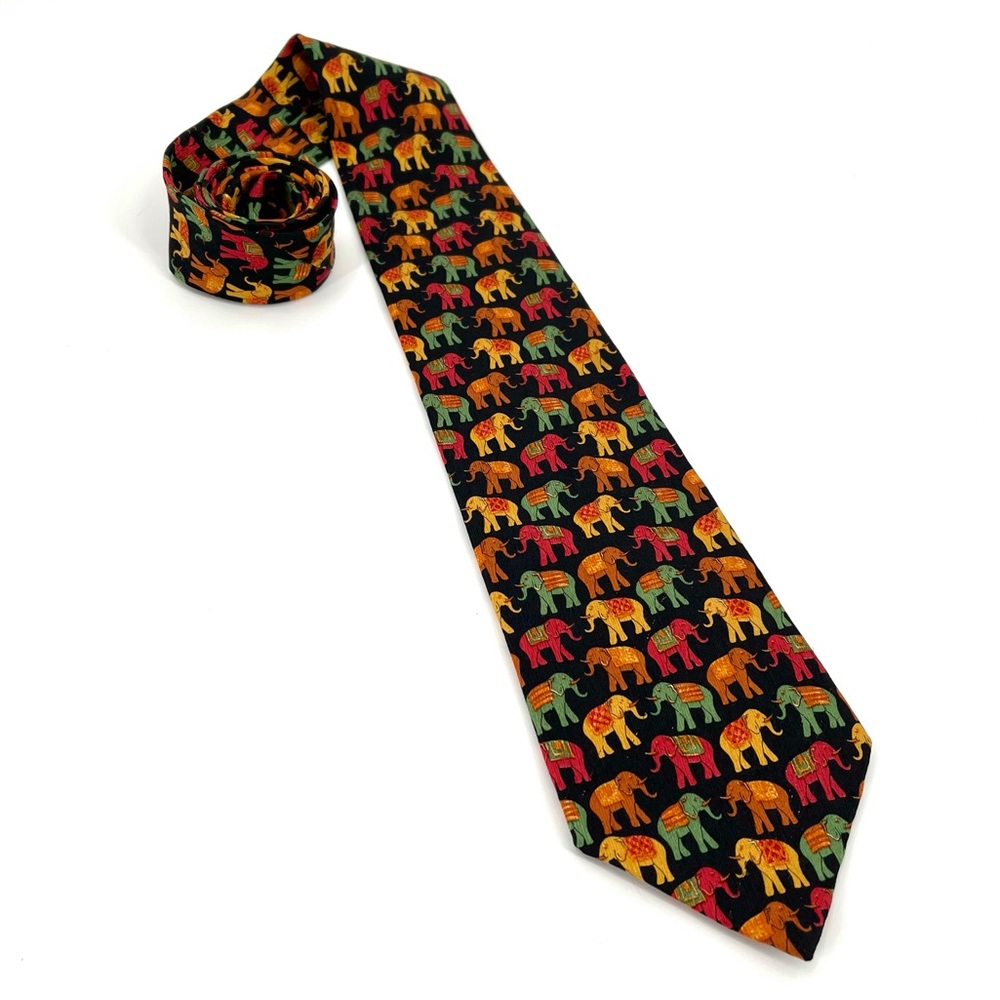 Paul Fredrick Vintage Multicolor Elephant Print Silk Tie Italian